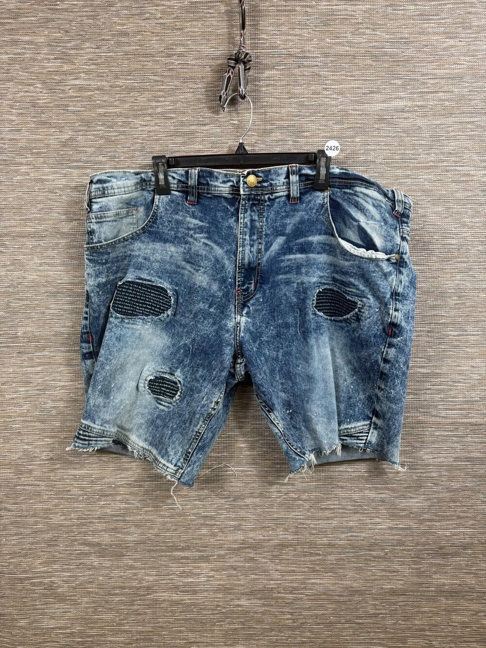 Makobi Shorts Mens 48 Blue Denim Bermuda Distressed Acid Wash Stretch 5 Pocket